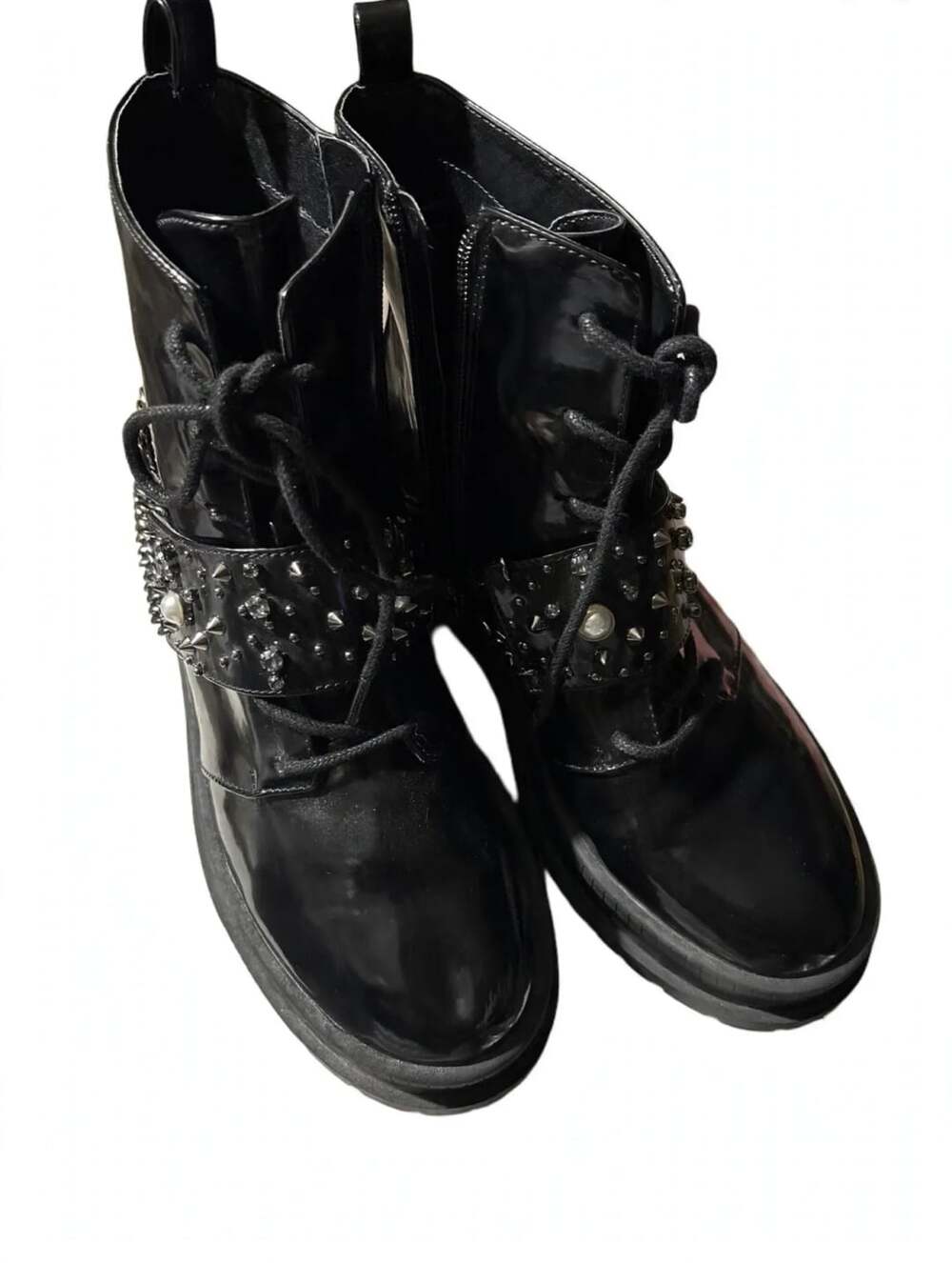 Jessica Simpson Combat Boots Size 8.5 Black Patent Studded Chain